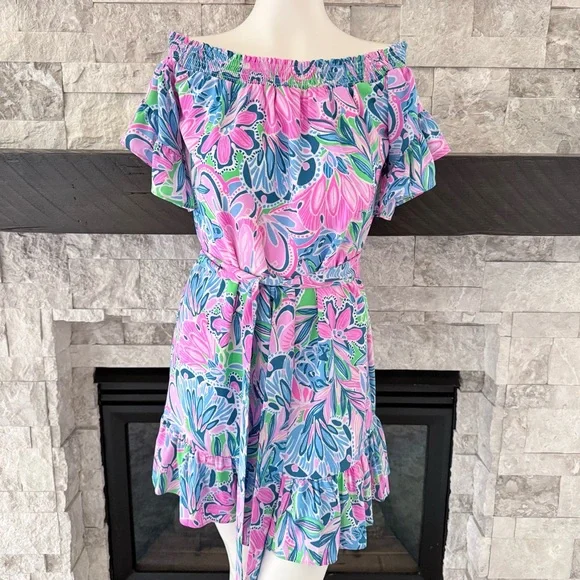 Lilly Pulitzer Off Shoulder Floral Ruffle Mini Dress Pink Blue Belted Size S - Picture 3 of 8